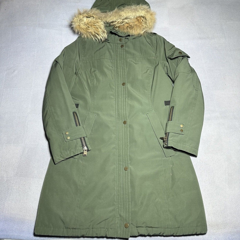 Pendleton North Shore Green Down Parka Jacket Coyote Fur Hood Women's Size‎ XS